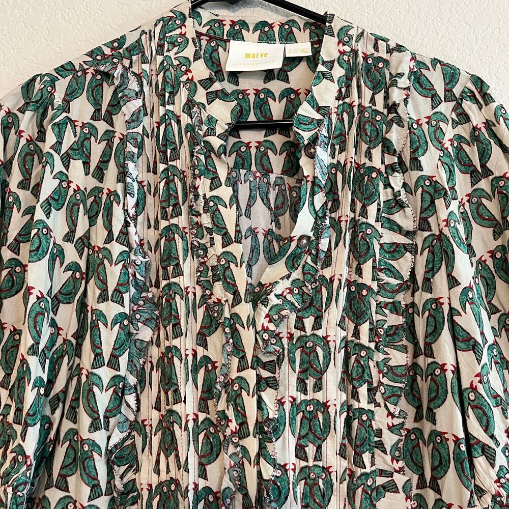 Maeve by Anthropologie Blouse Birdie Ruffled Button Down Cream Green Size 2 - Picture 5 of 11